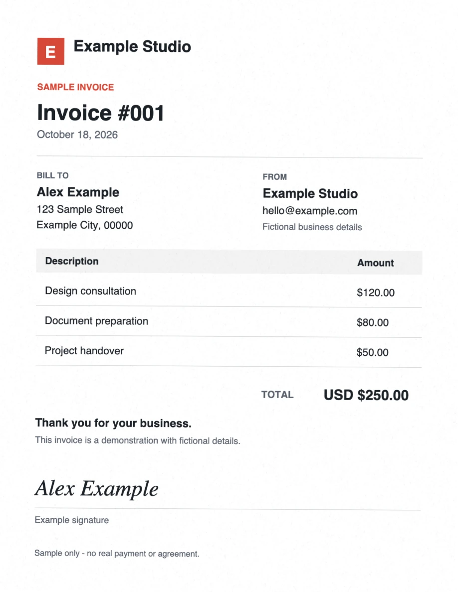 Same fictional invoice after a light scan effect; the example signature is part of the source