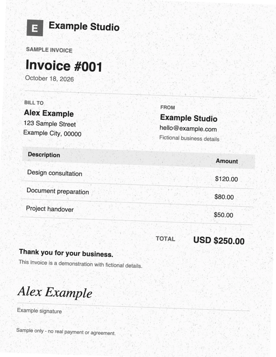 The same sample invoice in grayscale, with scan texture and a slight tilt