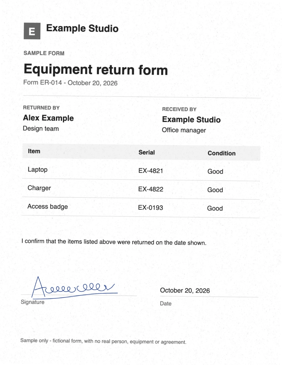 The same signed form as a grayscale page with scan texture and a slight tilt; the signature stays blue