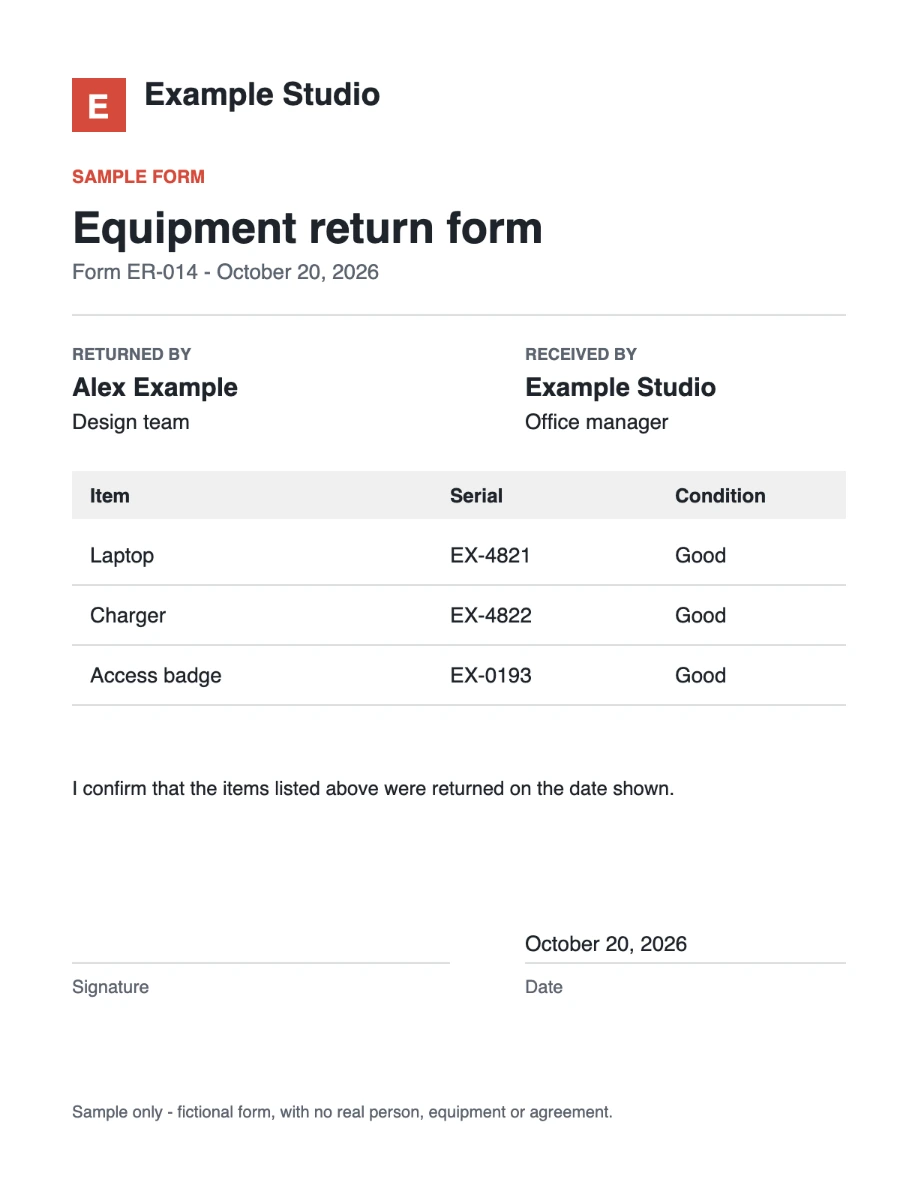 Fictional equipment return form with an empty signature line