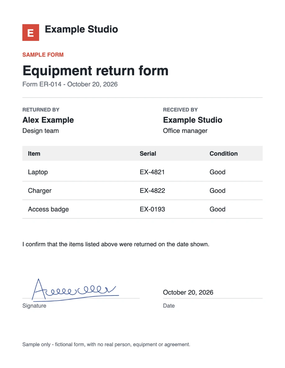 The same form with a sample signature on the signing line and a clean page